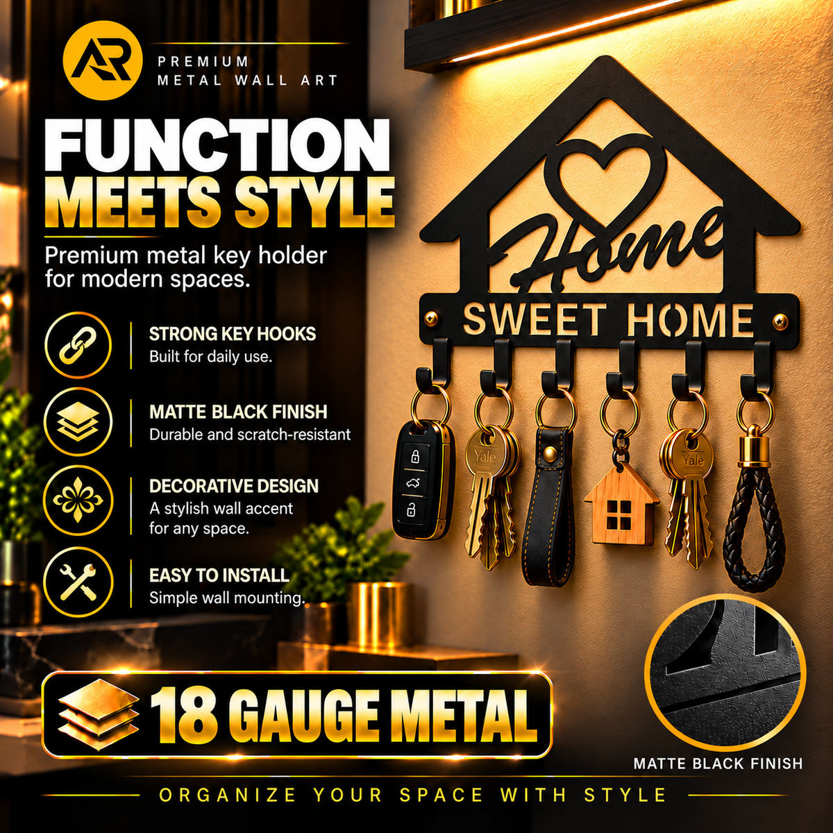 Luxury Home Sweet Home Metal Key Holder – 6 Hooks | Premium Matte Black Wall Décor