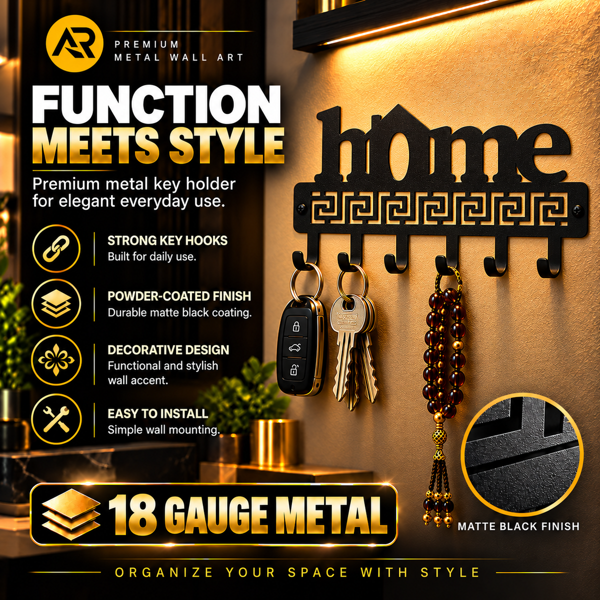 Home Metal Key Holder – Elegant House Design, 6 Hooks & Matte Black Finish