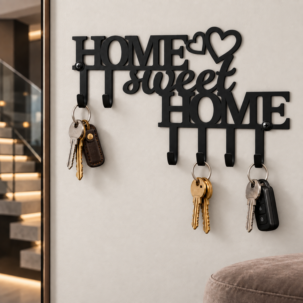 Home Sweet Home Metal Key Holder – Matte Black Décor with 6 Hooks