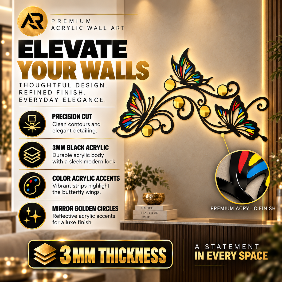 Premium Butterfly Acrylic Wall Art – Black Acrylic with Color Accents & Mirror Gold Circles
