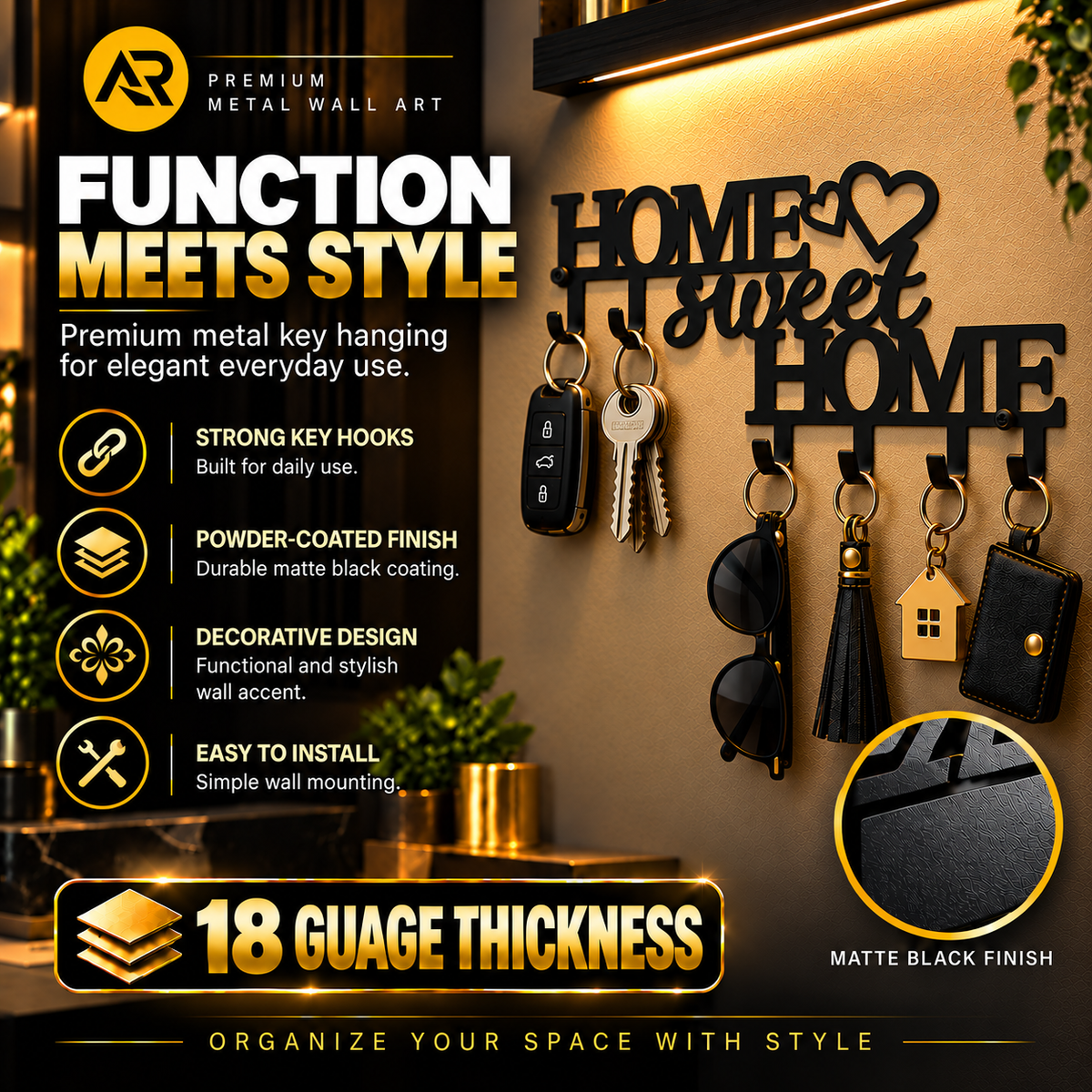 Home Sweet Home Metal Key Holder – Matte Black Décor with 6 Hooks
