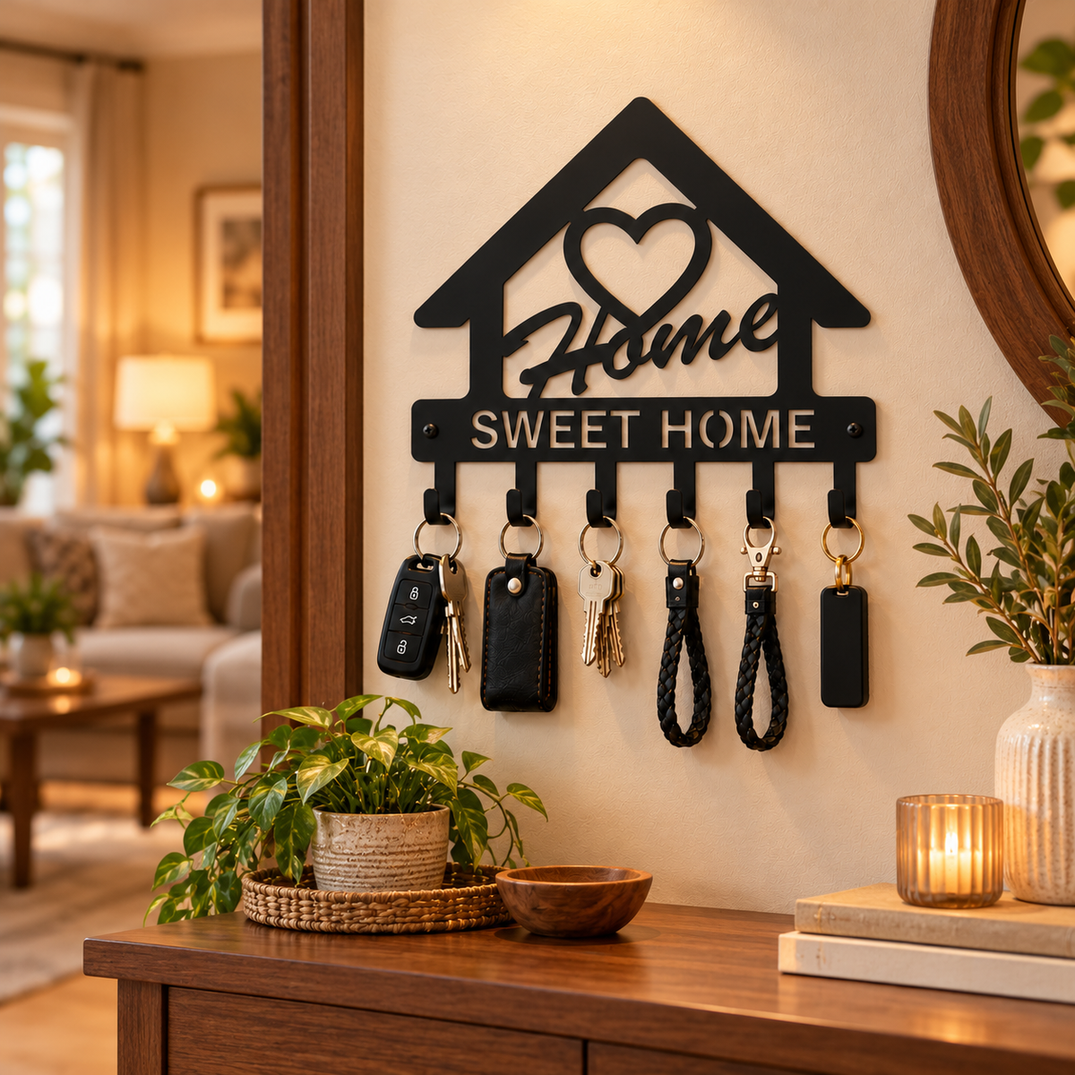 Luxury Home Sweet Home Metal Key Holder – 6 Hooks | Premium Matte Black Wall Décor