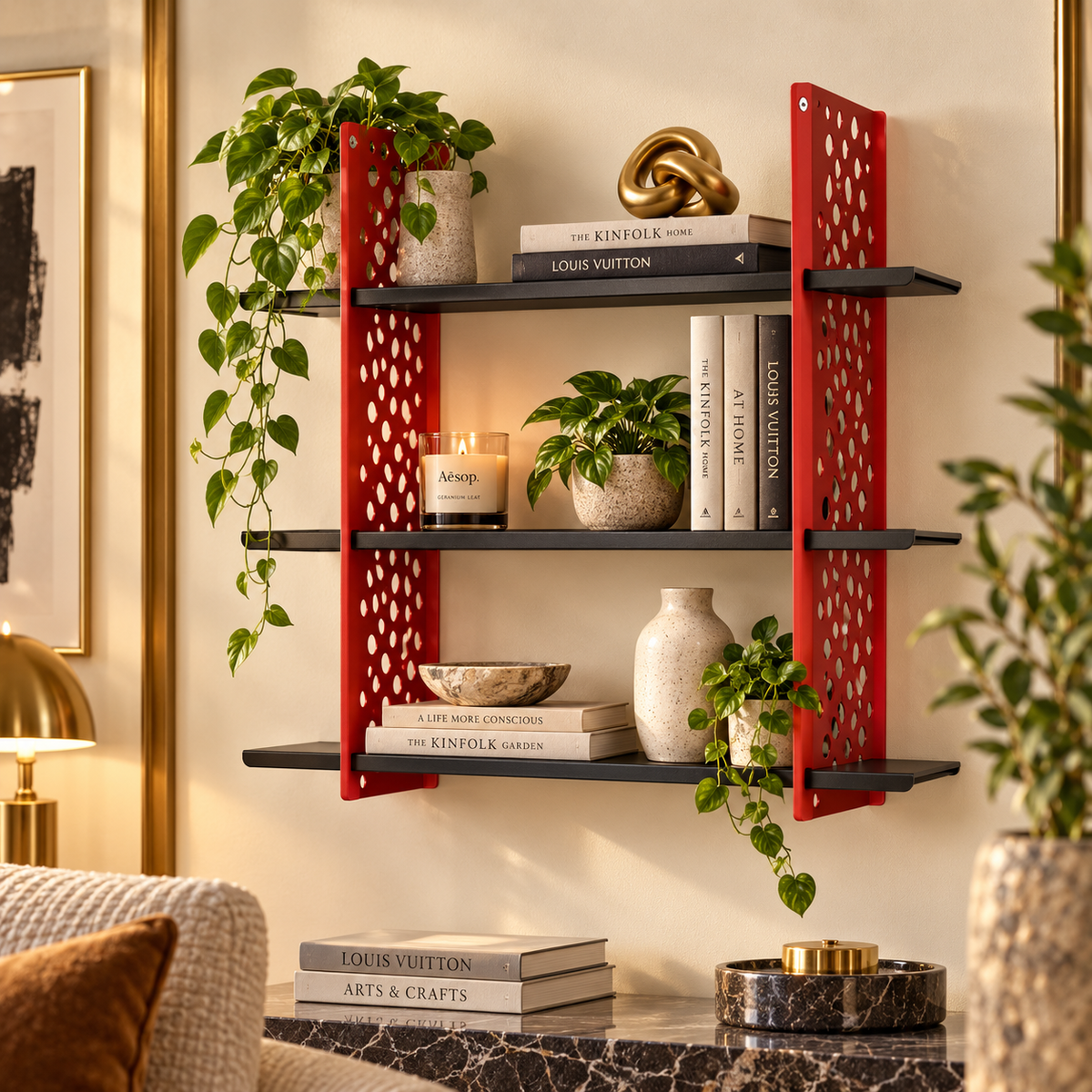 3-Tier Metal Wall Shelf – Black & Red Decorative Storage Rack