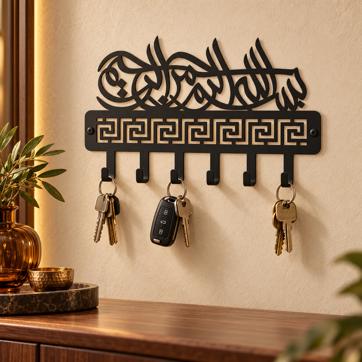 Bismillah Metal Key Holder – Matte Black Islamic Wall Décor with 6 Hooks