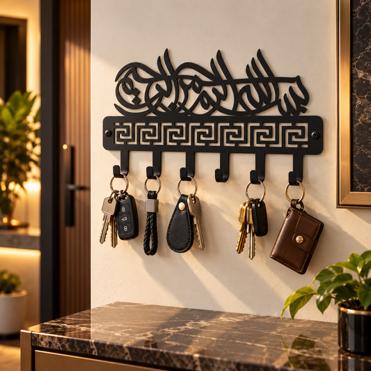 Bismillah Metal Key Holder – Matte Black Islamic Wall Décor with 6 Hooks