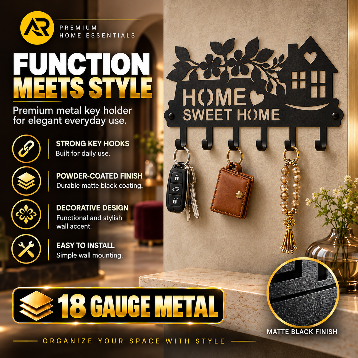 Luxury Welcome Home Metal Key Holder – Floral & House Design | Matte Black Finish