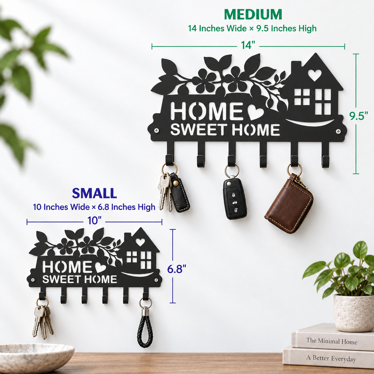 Luxury Welcome Home Metal Key Holder – Floral & House Design | Matte Black Finish