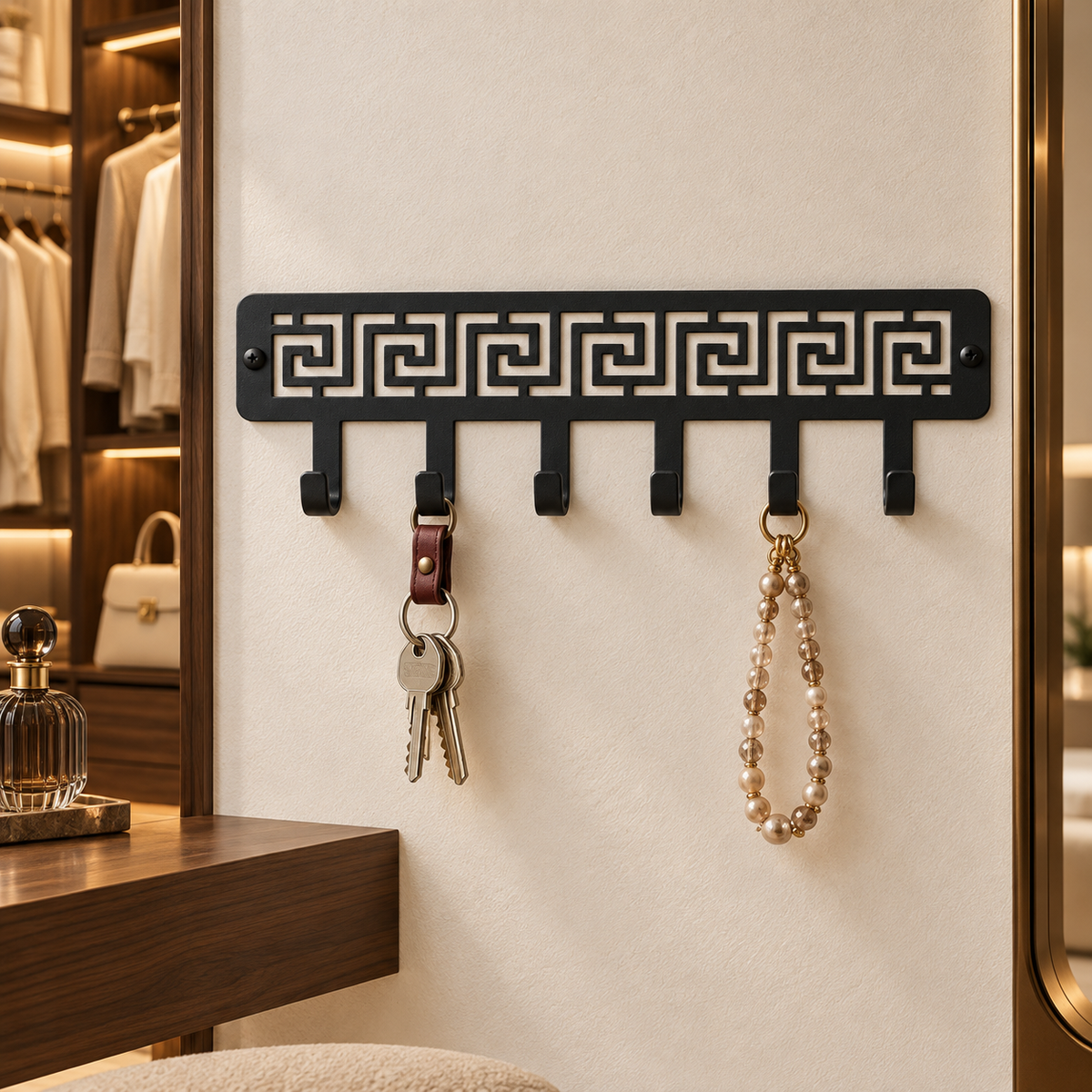 Luxury Versace-Inspired Metal Key Holder – Greek Key Design | Matte Black Finish