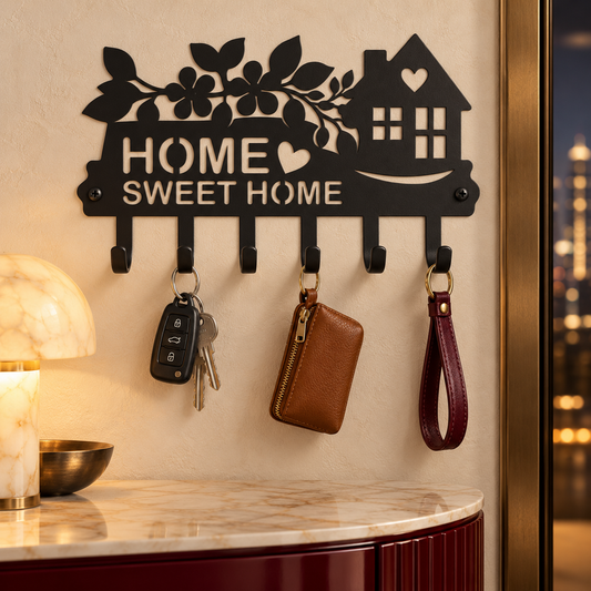 Luxury Welcome Home Metal Key Holder – Floral & House Design | Matte Black Finish