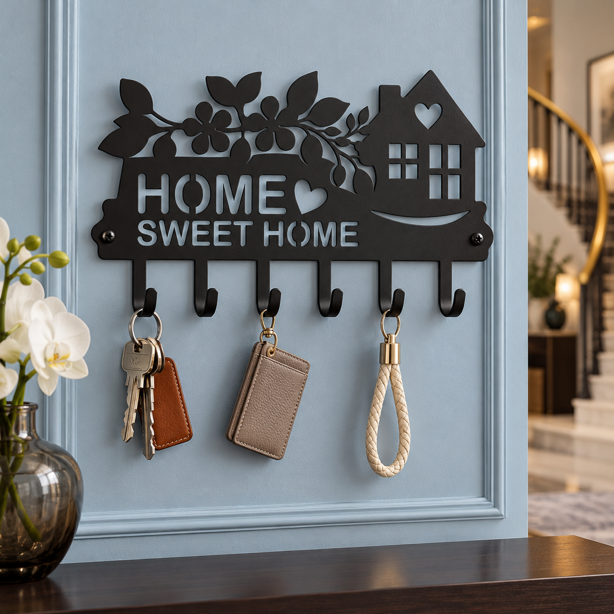 Luxury Welcome Home Metal Key Holder – Floral & House Design | Matte Black Finish