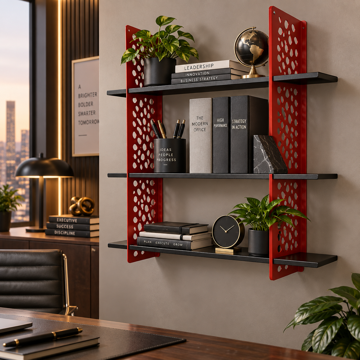 3-Tier Metal Wall Shelf – Black & Red Decorative Storage Rack