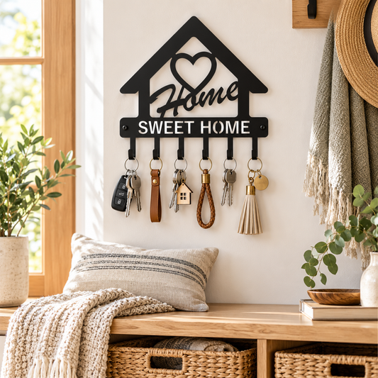 Luxury Home Sweet Home Metal Key Holder – 6 Hooks | Premium Matte Black Wall Décor