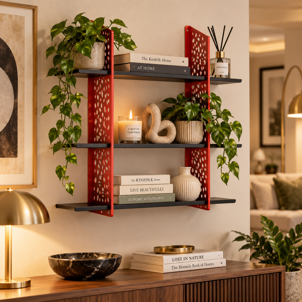 3-Tier Metal Wall Shelf – Black & Red Decorative Storage Rack