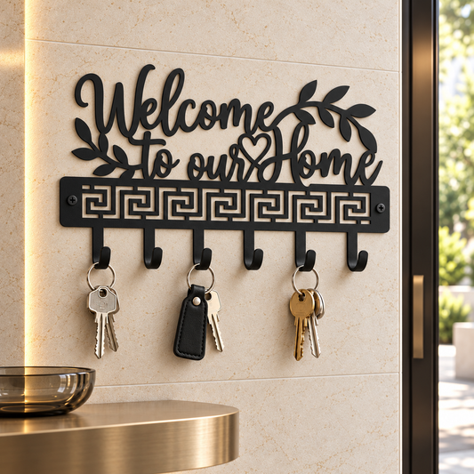 Welcome to Our Home Metal Key Holder – Wall Décor with 6 Hooks